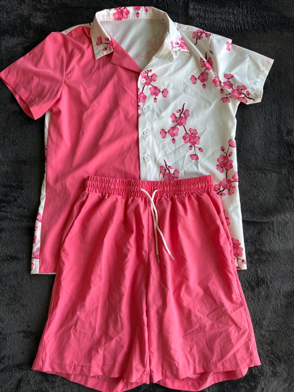 SHEIN White Top with Pink Floral Accent and Solid Coral Shorts Set